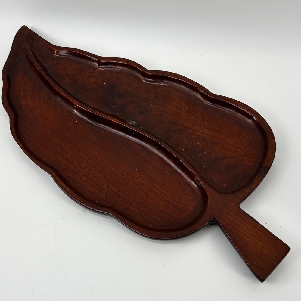 Vintage Carved Wood Leaf Serving Tray DoubleCompartmentMid CenturyMCMPlatter 18"